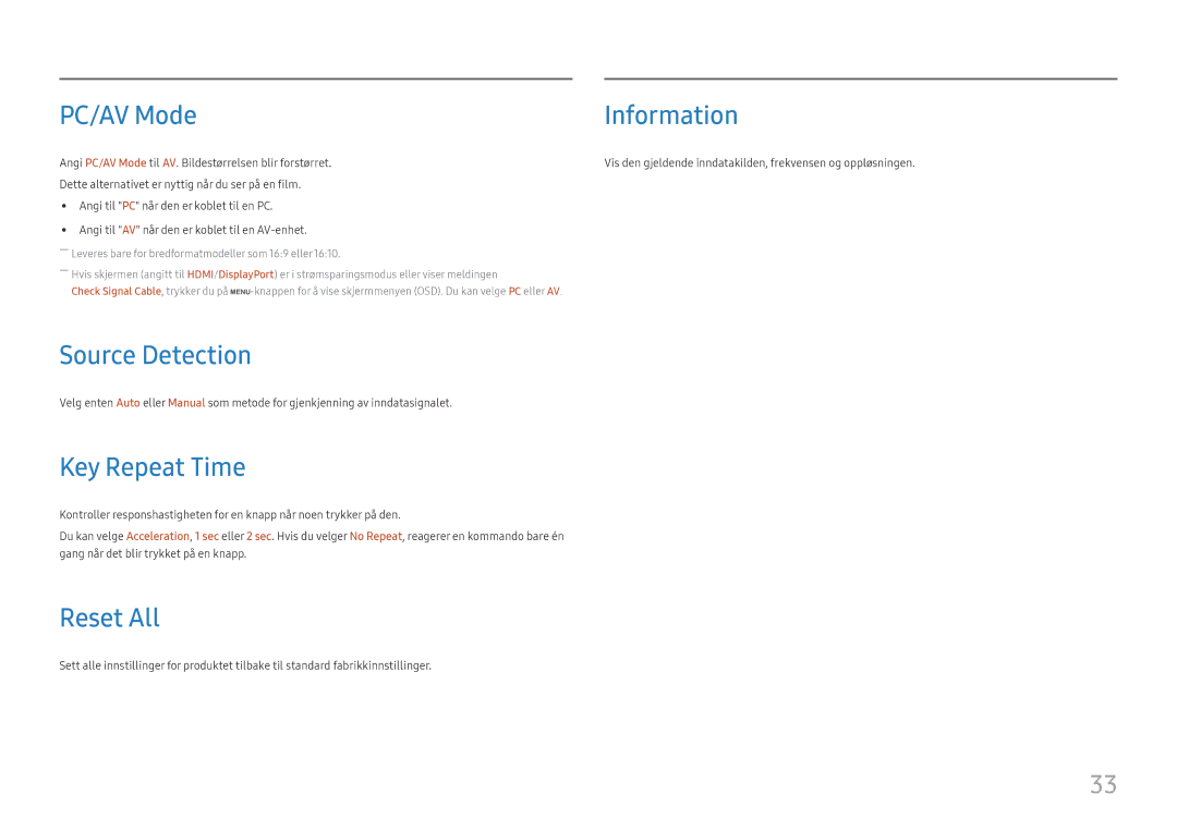 Samsung LS24H650FDUXXE, LS24H650GDUXEN, LS24H650FDUXEN manual PC/AV Mode, Source Detection, Key Repeat Time, Reset All 