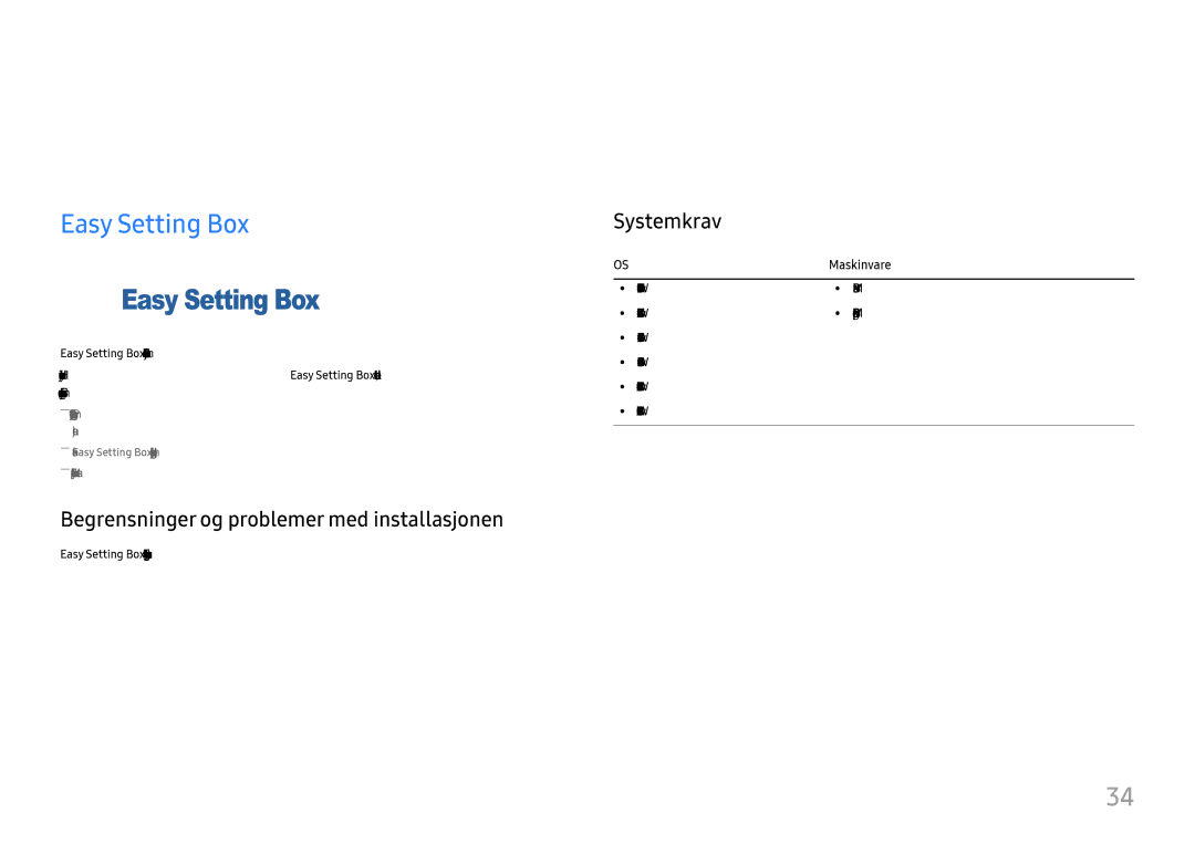 Samsung LS24H650GDUXXE manual Installere programvaren, Easy Setting Box, Begrensninger og problemer med installasjonen 