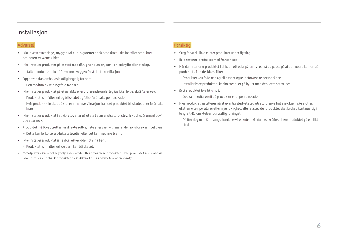 Samsung LS24H650FDUXEN, LS24H650GDUXEN, LS27H650FDUXEN, LS24H650FDUXXE, LS24H650GDUXXE manual Installasjon 