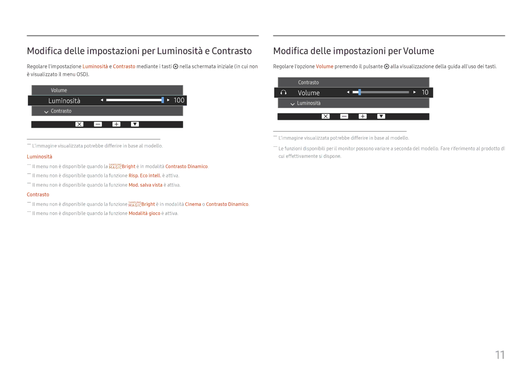 Samsung LS27H650FDUXEN Modifica delle impostazioni per Luminosità e Contrasto, Modifica delle impostazioni per Volume 