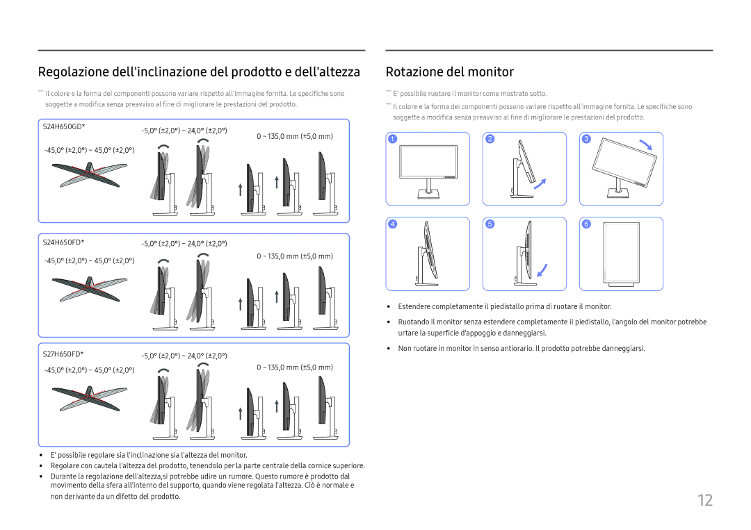 Samsung LS24H650GDUXEN, LS24H650FDUXEN manual Regolazione dellinclinazione del prodotto e dellaltezza, Rotazione del monitor 