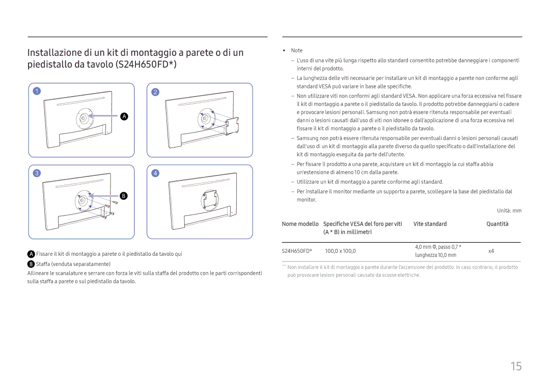 Samsung LS24H650GDUXEN, LS24H650FDUXEN, LS27H650FDUXEN manual S24H650FD 100,0 x 100,0 Mm Φ, passo 0,7 Lunghezza 10,0 mm 