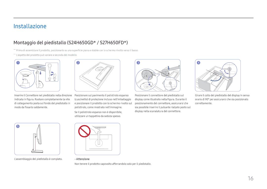 Samsung LS24H650FDUXEN, LS24H650GDUXEN, LS27H650FDUXEN manual Installazione, Montaggio del piedistallo S24H650GD* / S27H650FD 