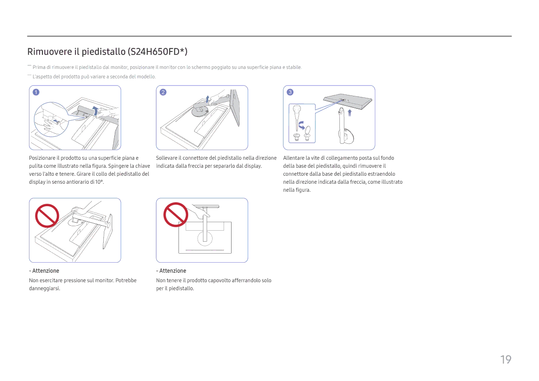 Samsung LS24H650FDUXEN, LS24H650GDUXEN, LS27H650FDUXEN manual Rimuovere il piedistallo S24H650FD 