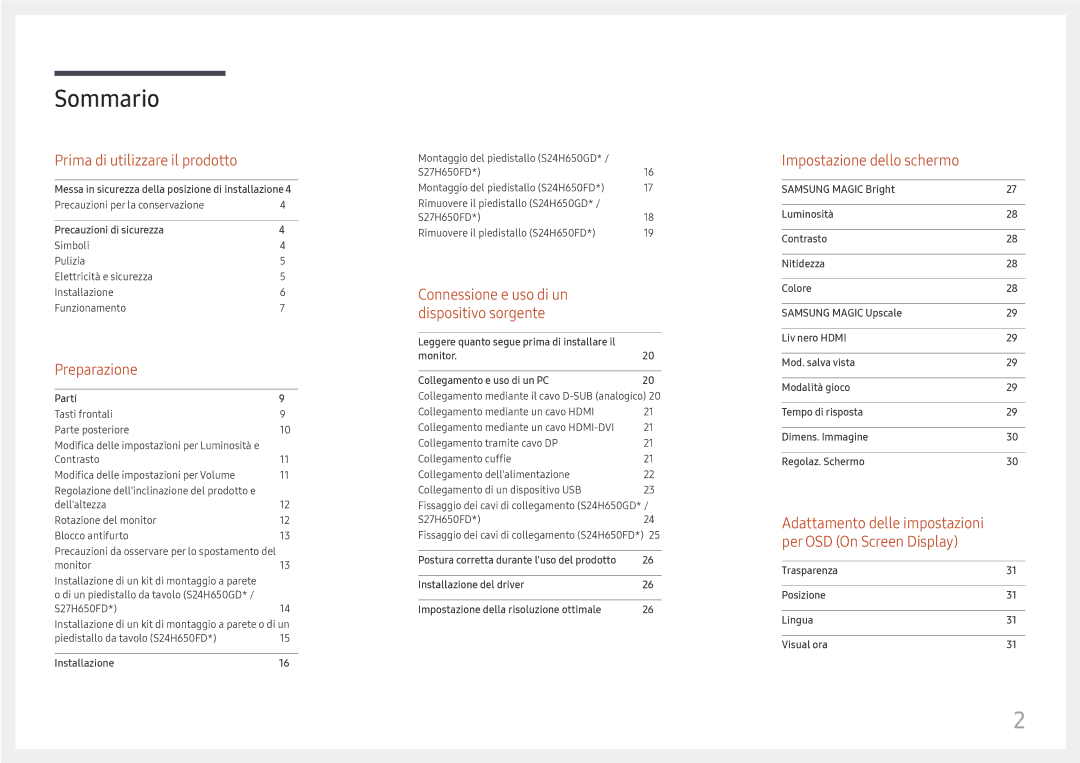 Samsung LS27H650FDUXEN, LS24H650GDUXEN, LS24H650FDUXEN manual Sommario 