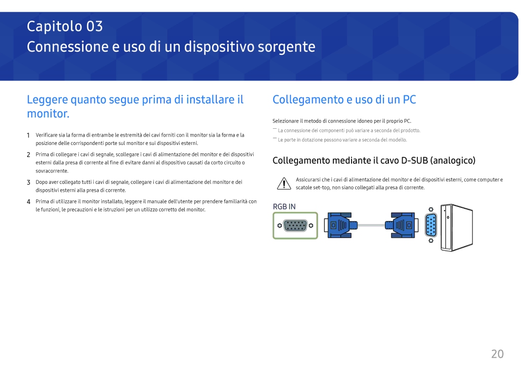 Samsung LS27H650FDUXEN Connessione e uso di un dispositivo sorgente, Leggere quanto segue prima di installare il monitor 