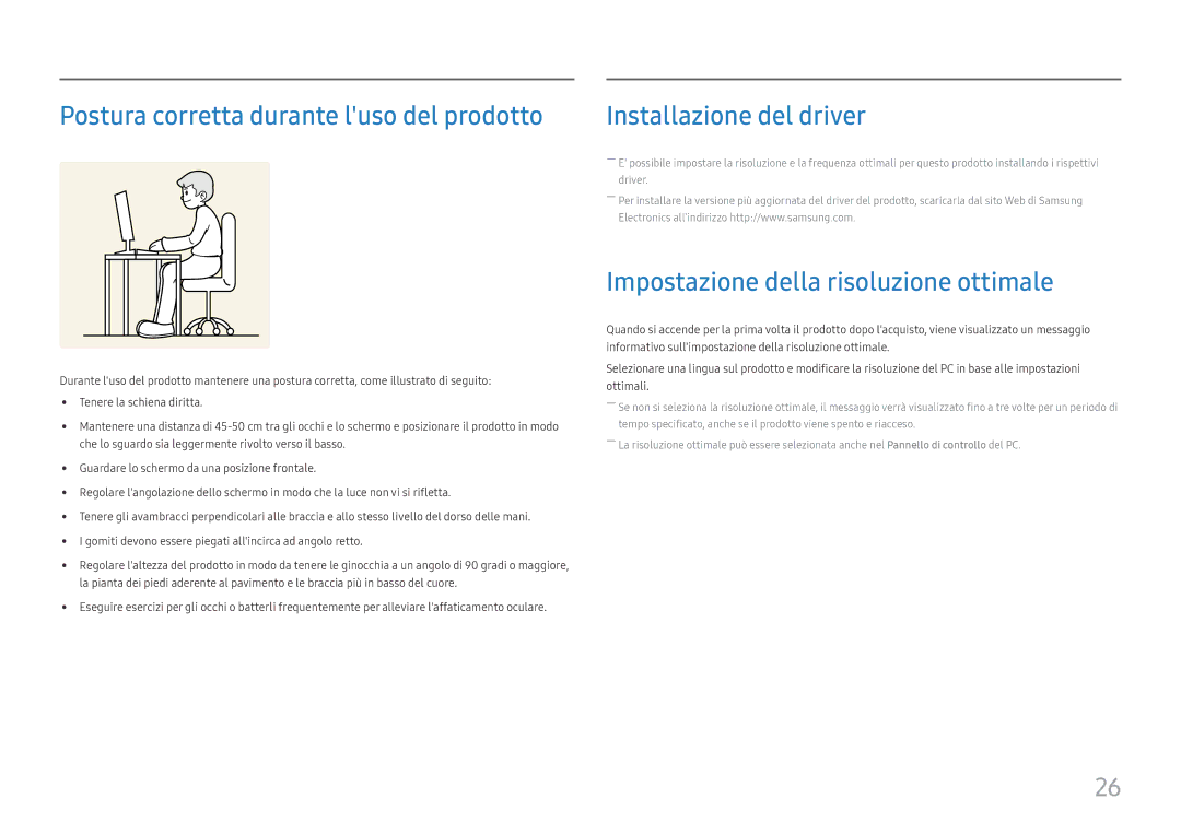 Samsung LS27H650FDUXEN, LS24H650GDUXEN Postura corretta durante luso del prodotto, Impostazione della risoluzione ottimale 