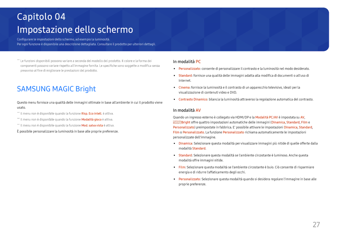 Samsung LS24H650GDUXEN, LS24H650FDUXEN, LS27H650FDUXEN manual Impostazione dello schermo, Samsung Magic Bright 