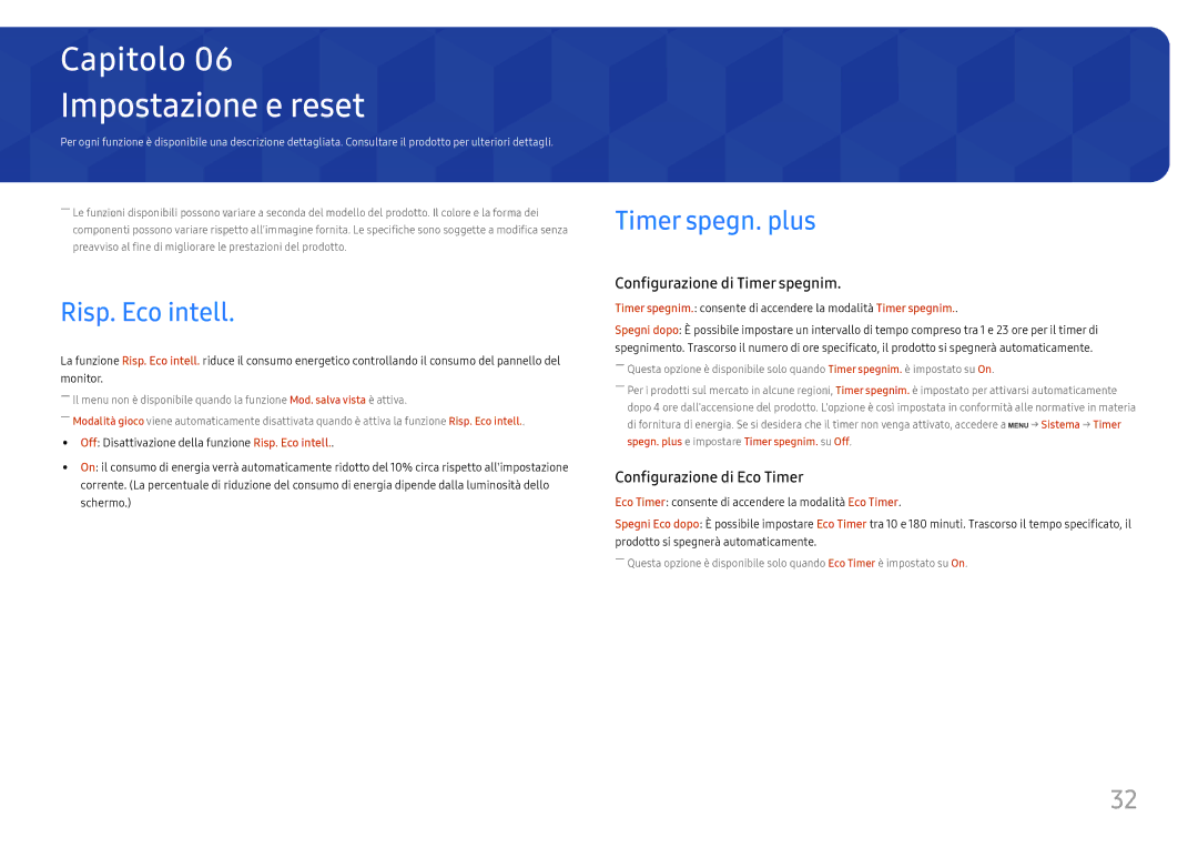 Samsung LS27H650FDUXEN, LS24H650GDUXEN, LS24H650FDUXEN manual Impostazione e reset, Risp. Eco intell, Timer spegn. plus 