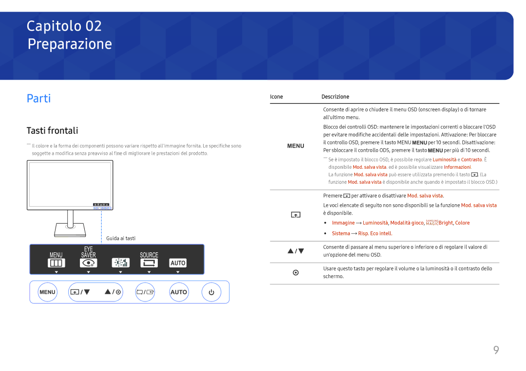 Samsung LS24H650GDUXEN, LS24H650FDUXEN, LS27H650FDUXEN manual Preparazione, Parti, Tasti frontali 