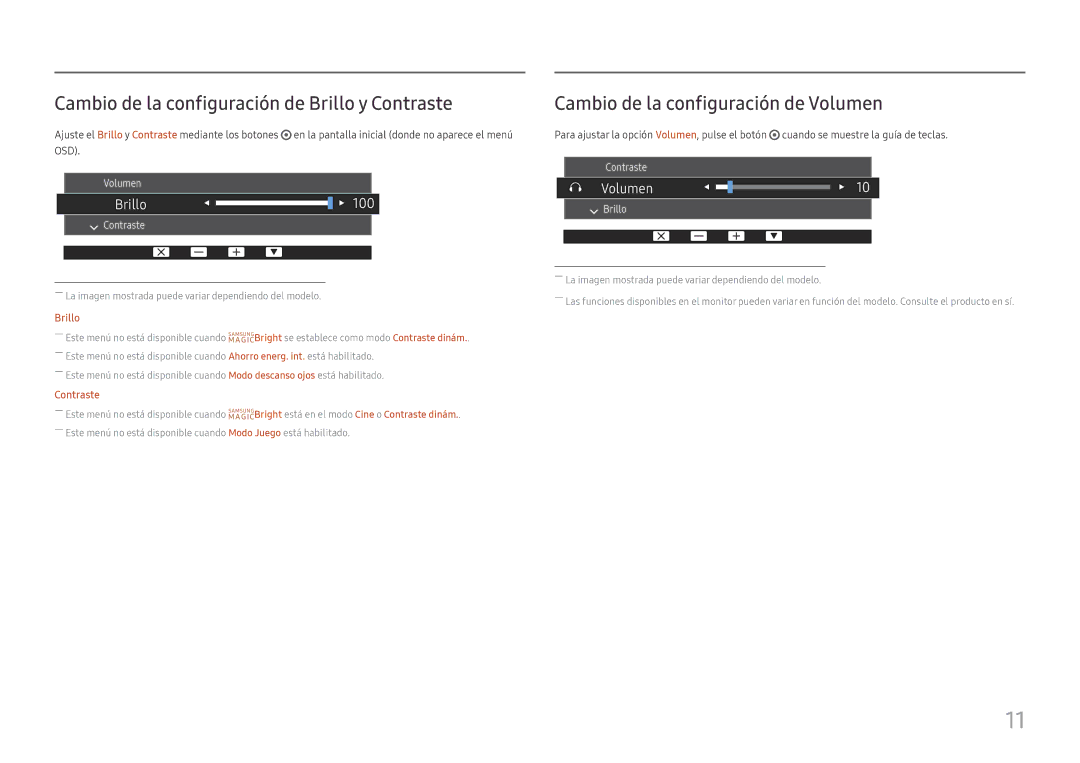 Samsung LS27H650FDUXEN manual Cambio de la configuración de Brillo y Contraste, Cambio de la configuración de Volumen 