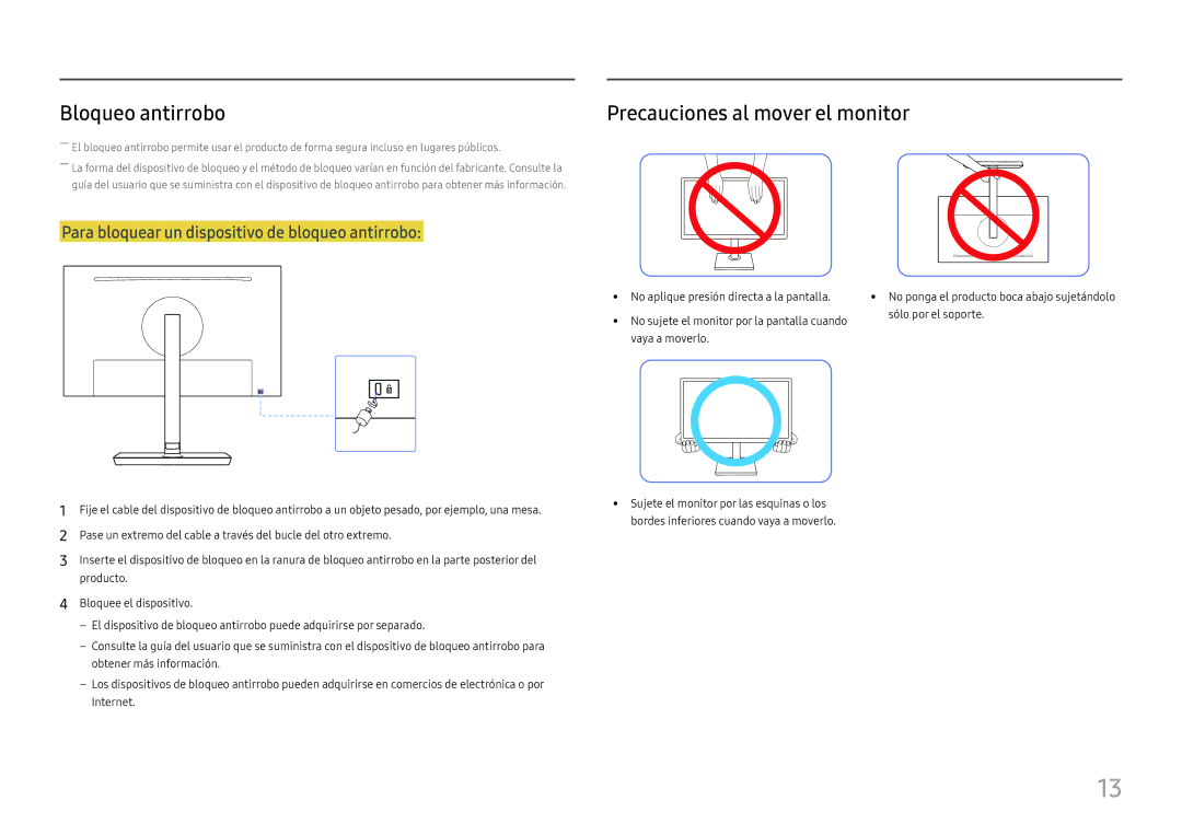 Samsung LS24H650FDUXEN, LS24H650GDUXEN, LS27H650FDUXEN manual Bloqueo antirrobo, Precauciones al mover el monitor 