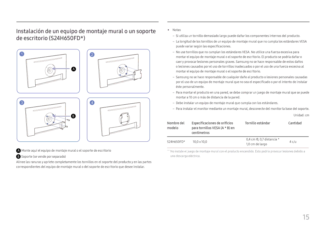 Samsung LS24H650GDUXEN, LS24H650FDUXEN, LS27H650FDUXEN manual S24H650FD 10,0 x 10,0 Cm Φ, 0,7 distancia Cm de largo 