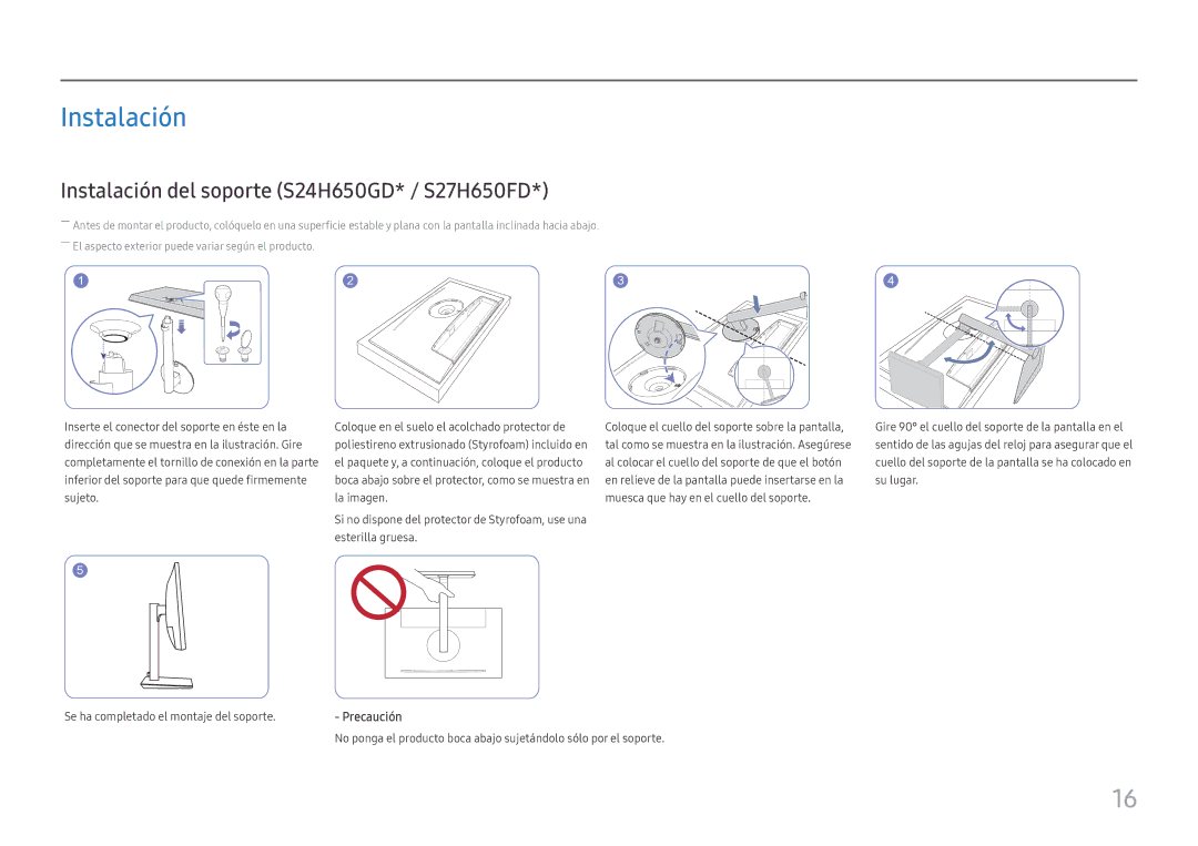 Samsung LS24H650FDUXEN, LS24H650GDUXEN, LS27H650FDUXEN manual Instalación del soporte S24H650GD* / S27H650FD 