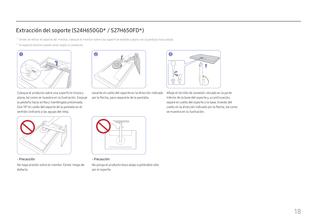 Samsung LS24H650GDUXEN, LS24H650FDUXEN, LS27H650FDUXEN manual Extracción del soporte S24H650GD* / S27H650FD 