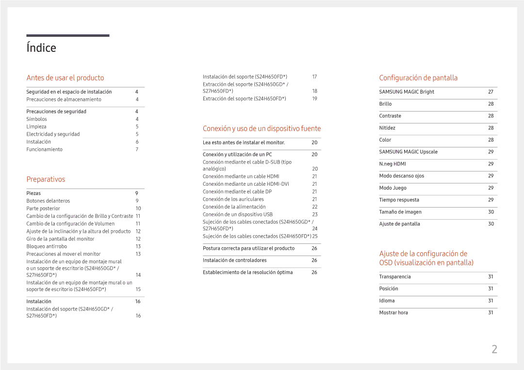 Samsung LS27H650FDUXEN, LS24H650GDUXEN, LS24H650FDUXEN manual Índice 