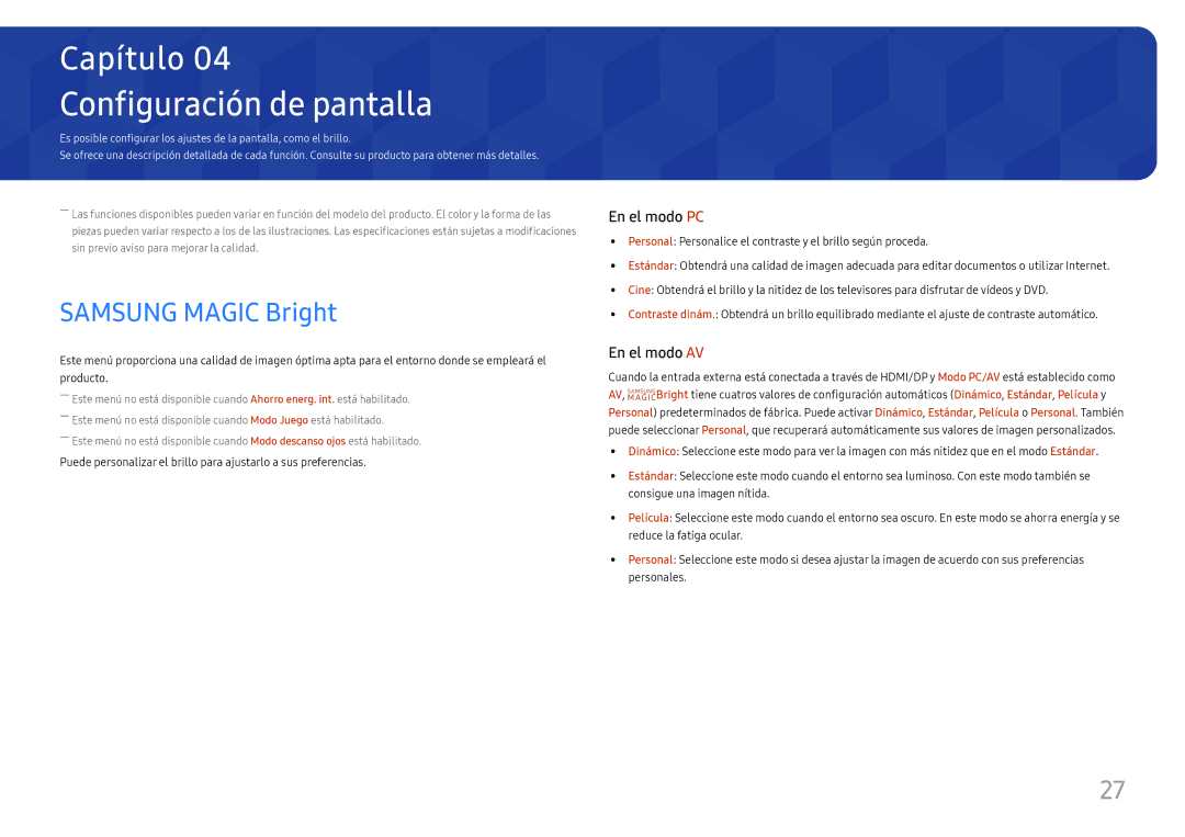 Samsung LS24H650GDUXEN, LS24H650FDUXEN, LS27H650FDUXEN manual Configuración de pantalla, Samsung Magic Bright 