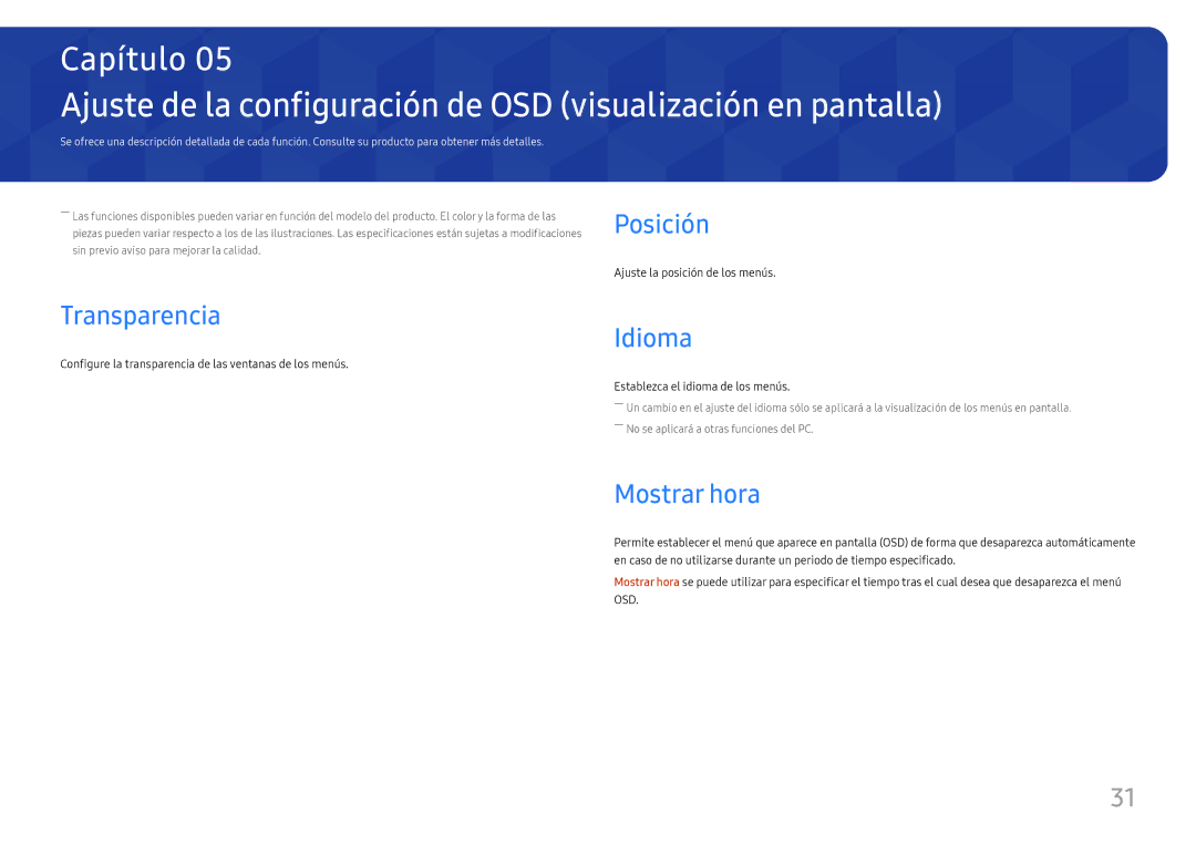 Samsung LS24H650FDUXEN manual Ajuste de la configuración de OSD visualización en pantalla, Posición, Transparencia, Idioma 