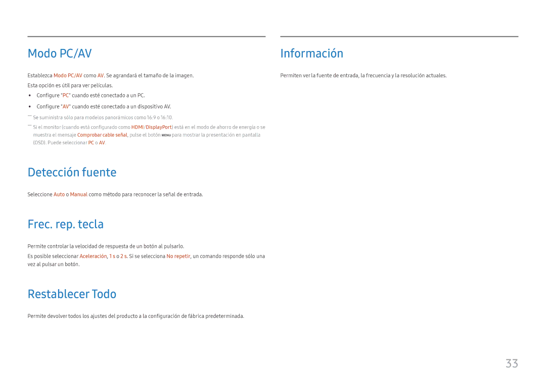 Samsung LS24H650GDUXEN, LS24H650FDUXEN, LS27H650FDUXEN Modo PC/AV, Detección fuente, Frec. rep. tecla, Restablecer Todo 