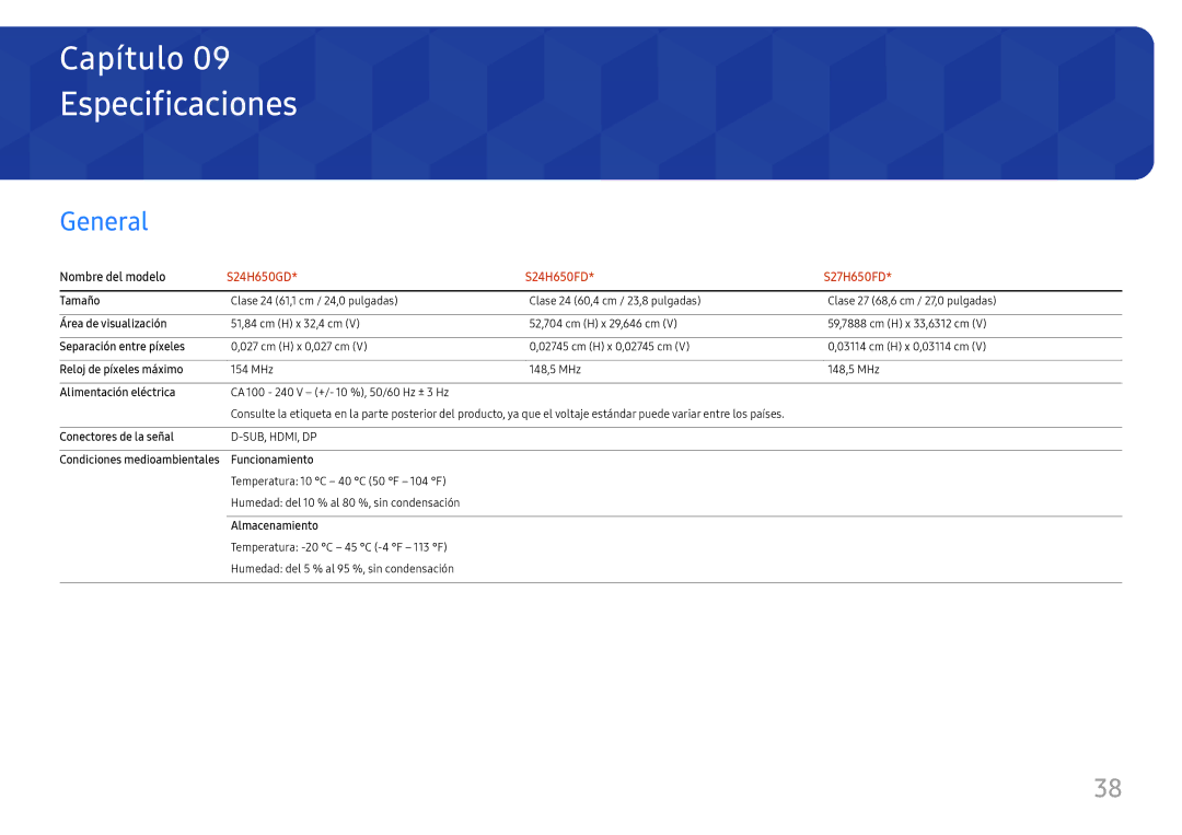 Samsung LS27H650FDUXEN, LS24H650GDUXEN, LS24H650FDUXEN manual Especificaciones, General 