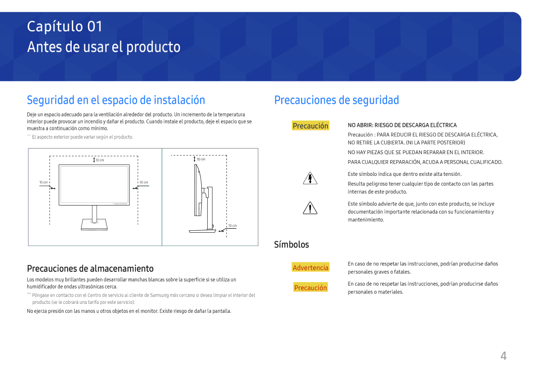 Samsung LS24H650FDUXEN manual Antes de usar el producto, Seguridad en el espacio de instalación, Precauciones de seguridad 