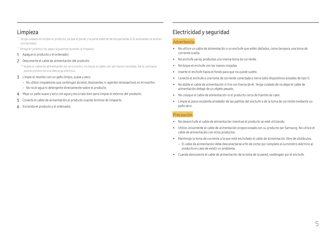 Samsung LS27H650FDUXEN, LS24H650GDUXEN, LS24H650FDUXEN manual Limpieza, Electricidad y seguridad 