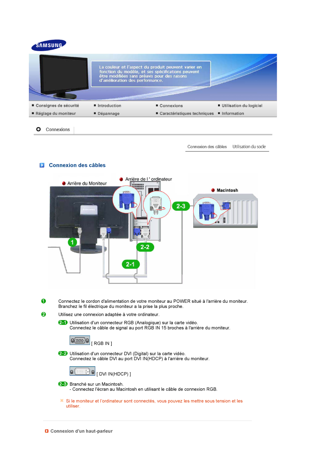 Samsung LS24HUBCBL/EDC, LS24HUBCBA/EDC manual Connexion des câbles, Connexion dun haut-parleur 