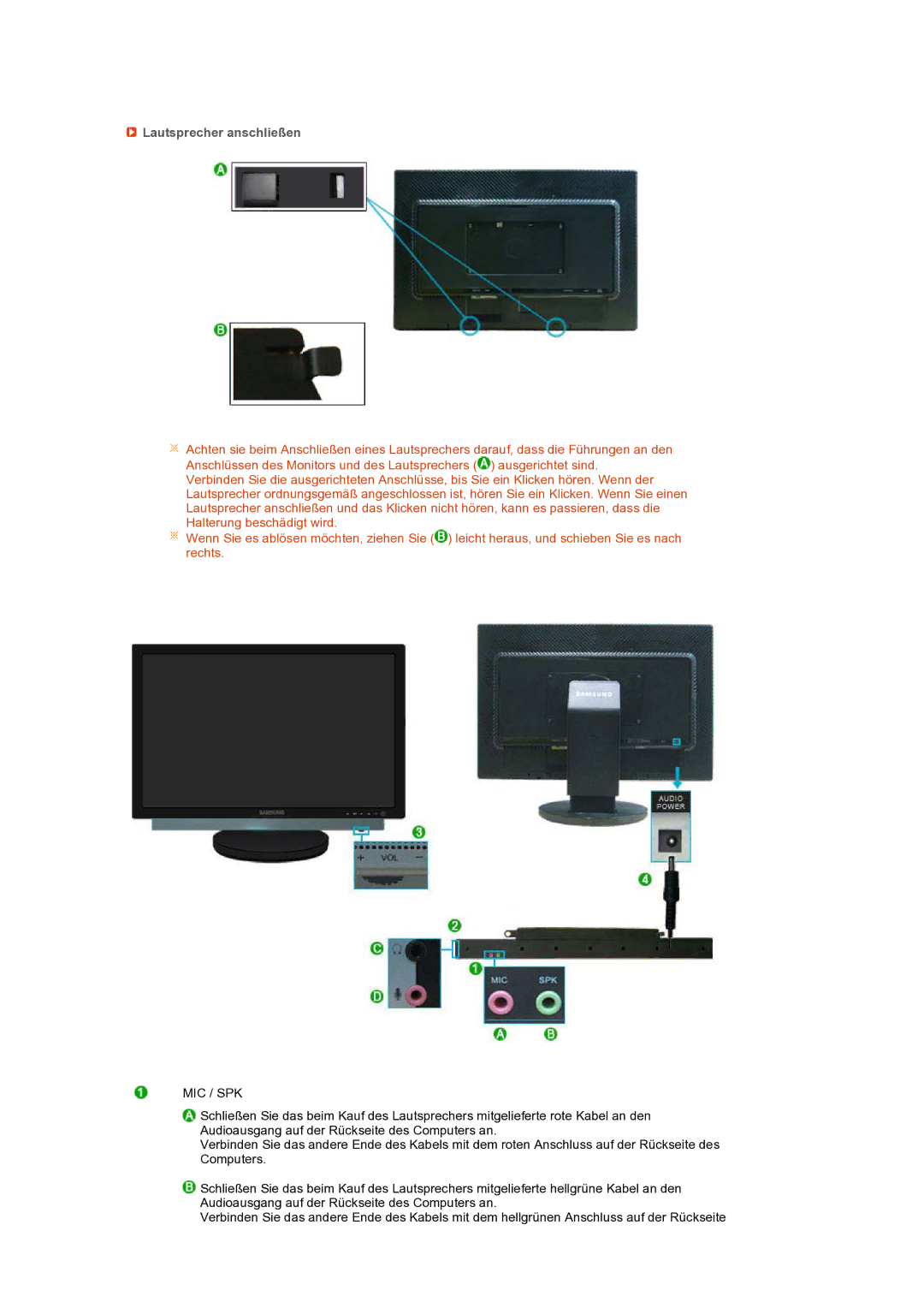 Samsung LS24HUBCBA/EDC, LS24HUBCBL/EDC manual Lautsprecher anschließen, Mic / Spk 