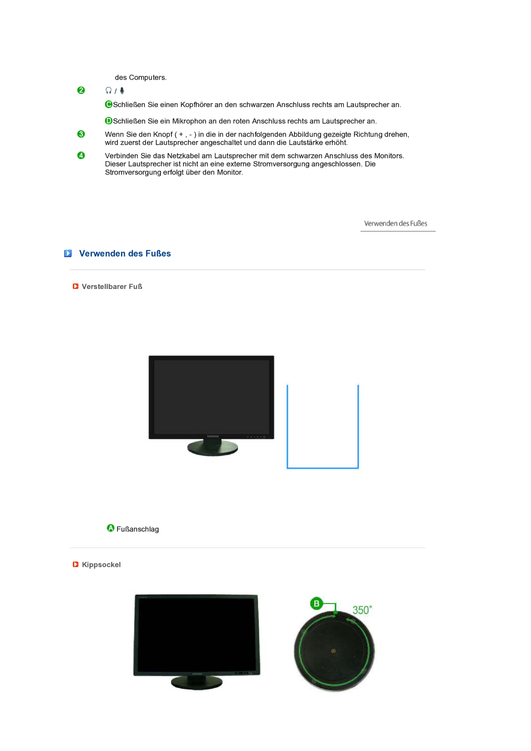 Samsung LS24HUBCBL/EDC, LS24HUBCBA/EDC manual Verwenden des Fußes, Verstellbarer Fuß, Kippsockel 