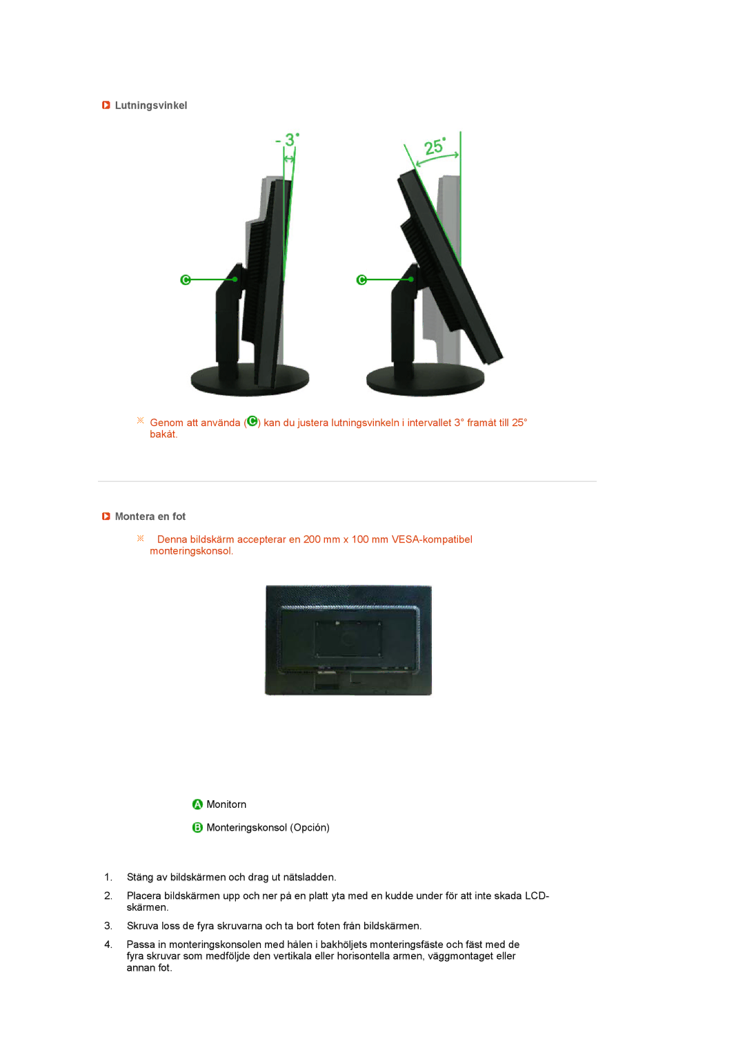 Samsung LS24HUBCBA/EDC, LS24HUBCBL/EDC manual Lutningsvinkel, Montera en fot 