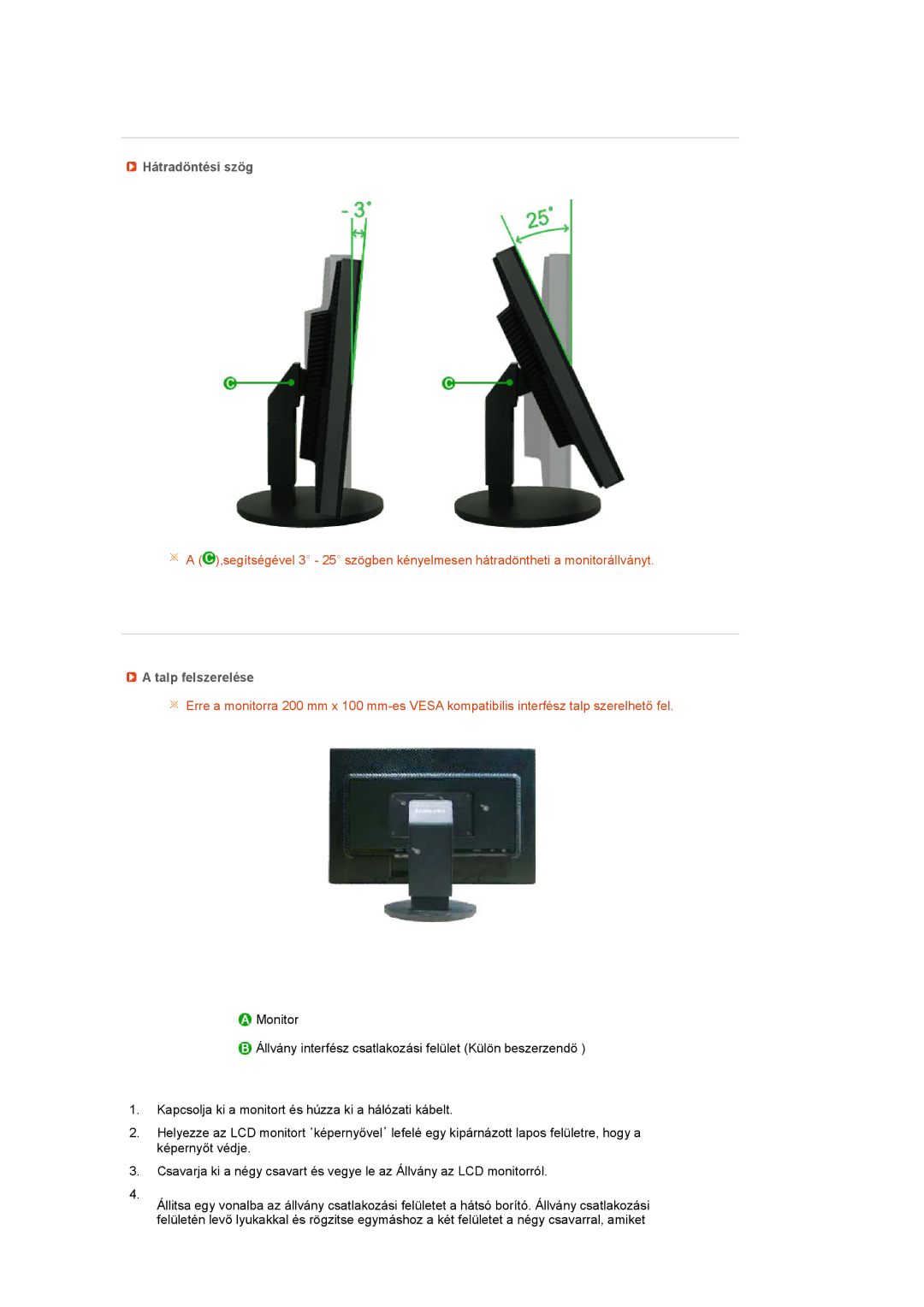 Samsung LS24HUBCBA/EDC, LS24HUBCBL/EDC manual Hátradöntési szög, Talp felszerelése 