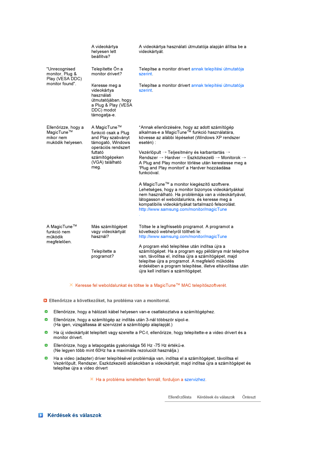 Samsung LS24HUBCBA/EDC manual Kérdések és válaszok, Szerint, Ellenőrizze a következőket, ha probléma van a monitorral 