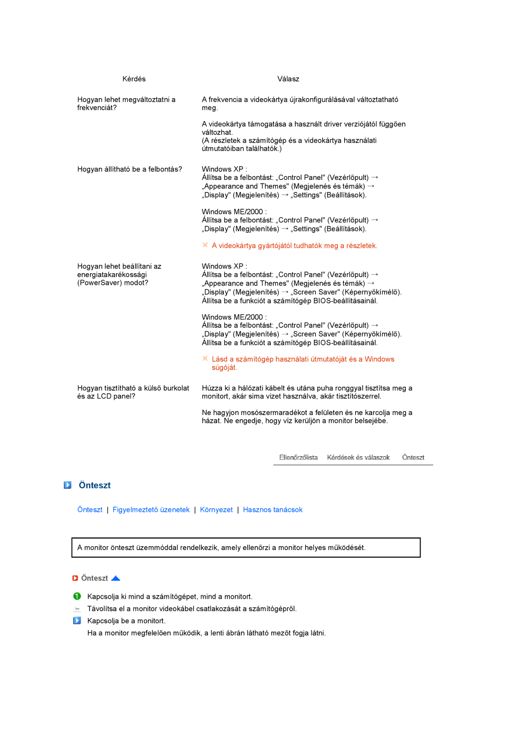 Samsung LS24HUBCBL/EDC, LS24HUBCBA/EDC manual Önteszt Figyelmeztető üzenetek Környezet Hasznos tanácsok 