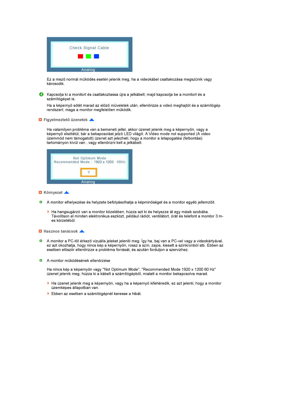 Samsung LS24HUBCBA/EDC, LS24HUBCBL/EDC manual Figyelmeztető üzenetek, Környezet, Hasznos tanácsok 