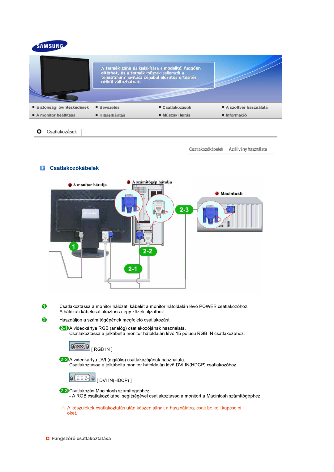 Samsung LS24HUBCBL/EDC, LS24HUBCBA/EDC manual Csatlakozókábelek, Hangszóró csatlakoztatása 