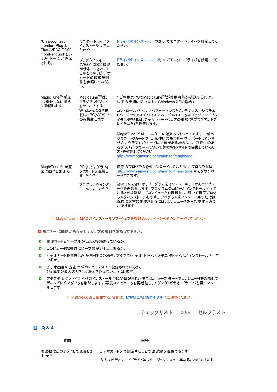 Samsung LS24HUBCBL/XSJ manual モニター に問題があるかどう か、次の項目を確認して下さい。, 問題が繰り返し発生する 場合は、お客様ご相 談ダイヤルにご連絡ください。 