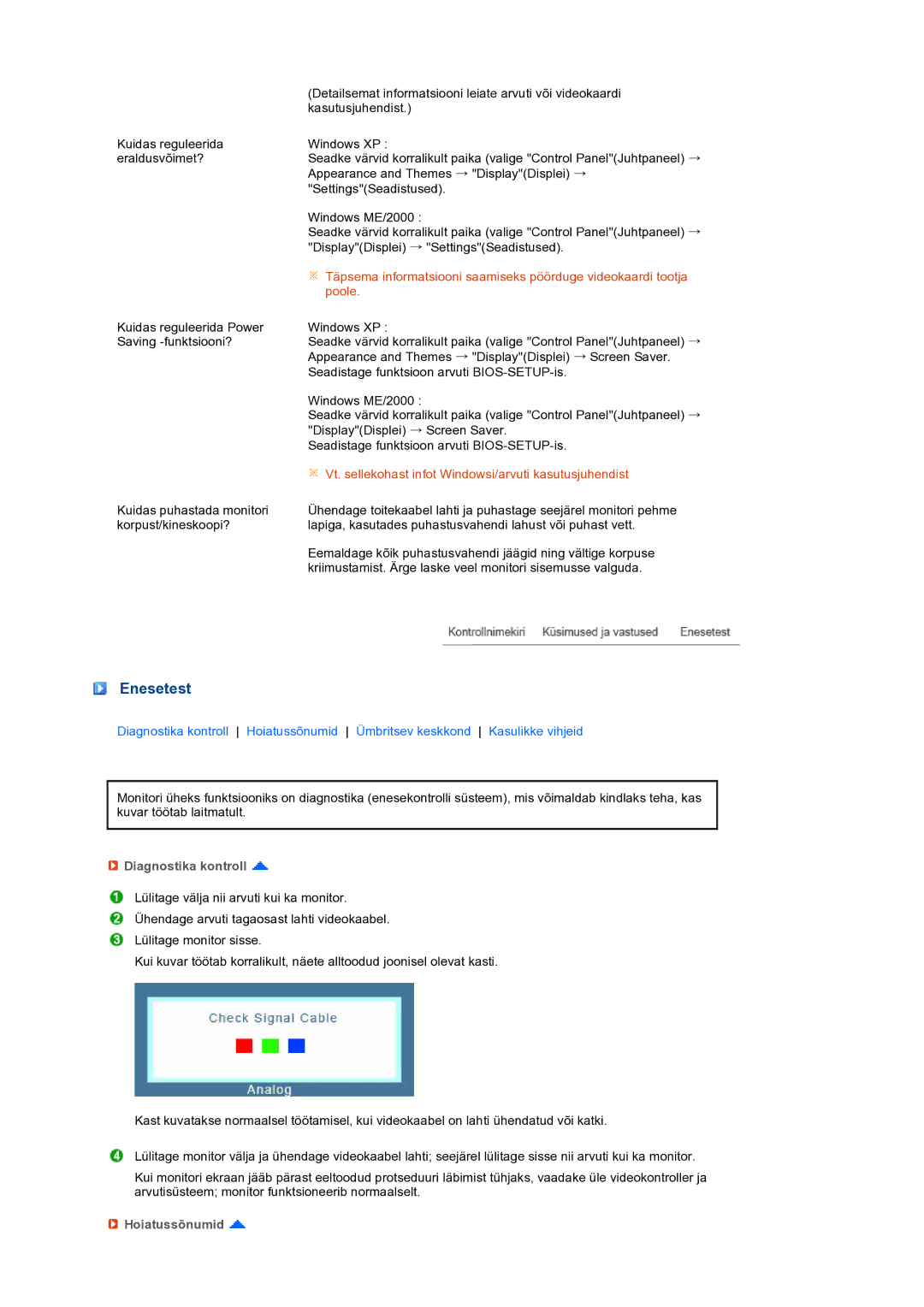 Samsung LS24HUBCBQ/EDC manual Enesetest, Diagnostika kontroll, Hoiatussõnumid 