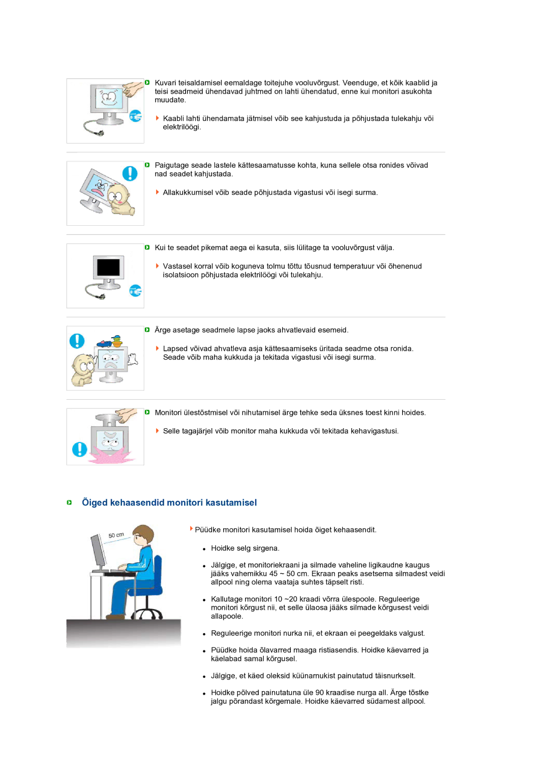 Samsung LS24HUBCBQ/EDC manual Õiged kehaasendid monitori kasutamisel 