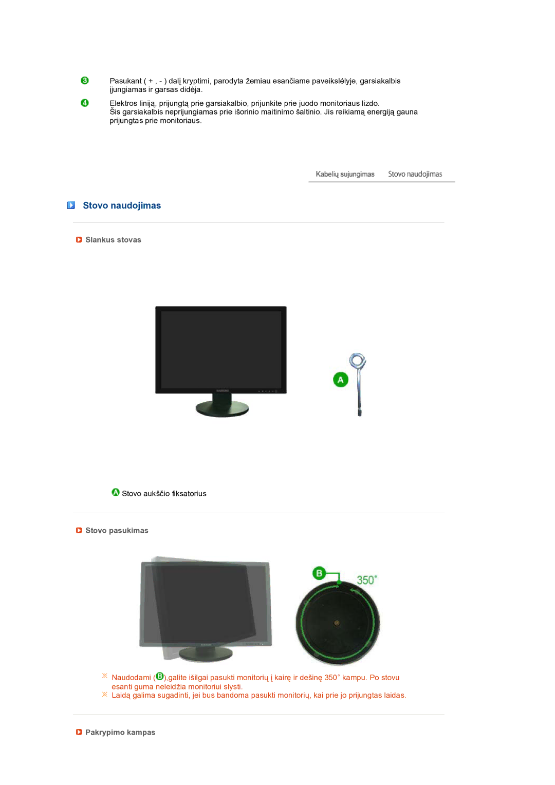 Samsung LS24HUBCBQ/EDC manual Stovo naudojimas, Slankus stovas, Stovo pasukimas, Pakrypimo kampas 