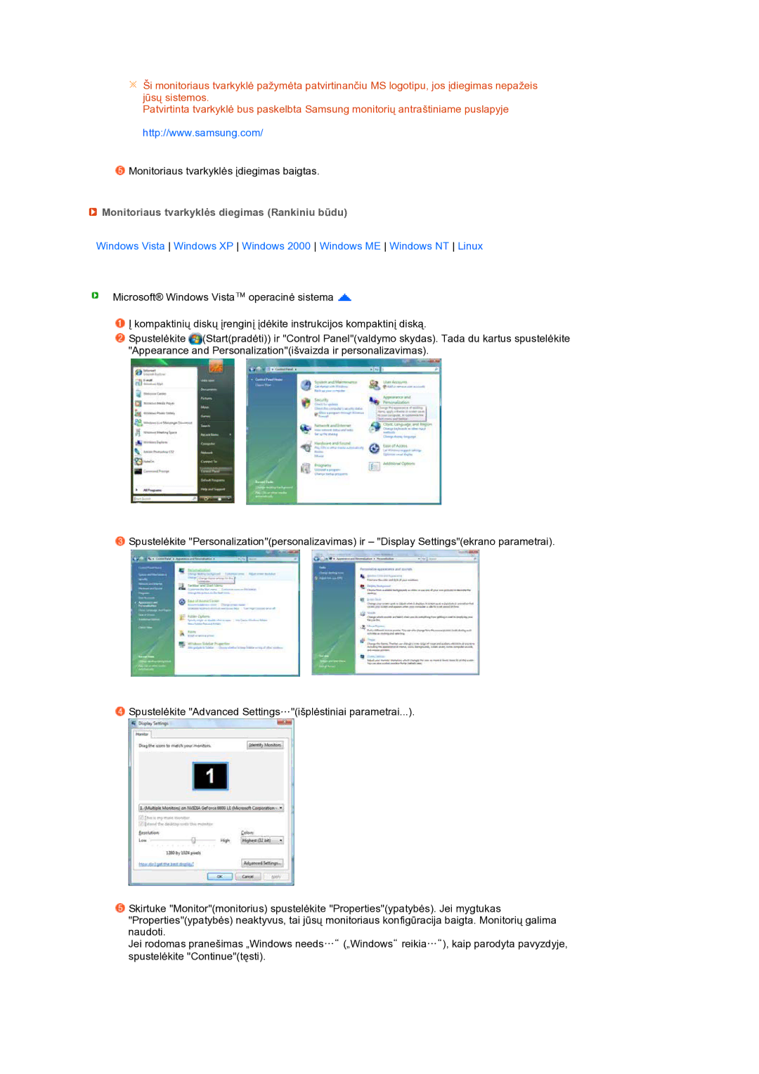 Samsung LS24HUBCBQ/EDC manual Monitoriaus tvarkyklės diegimas Rankiniu būdu 