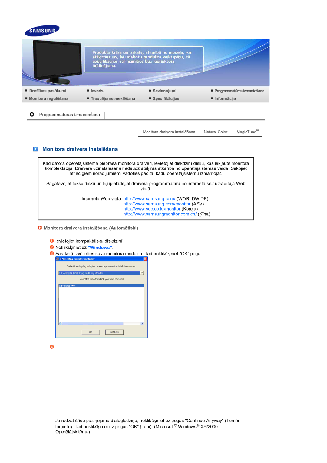 Samsung LS24HUBCBQ/EDC manual Monitora draivera instalēšana Automātiski 