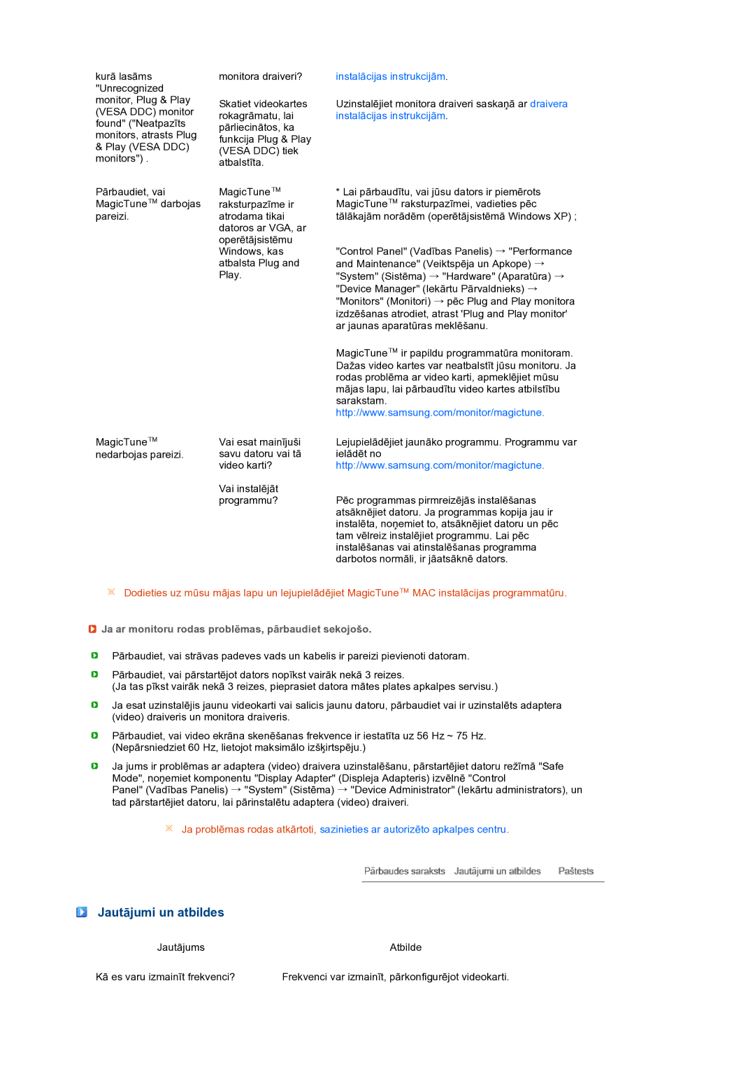 Samsung LS24HUBCBQ/EDC manual Jautājumi un atbildes, Ja ar monitoru rodas problēmas, pārbaudiet sekojošo 