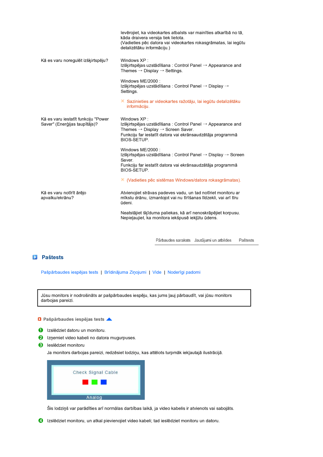 Samsung LS24HUBCBQ/EDC manual Paštests, Pašpārbaudes iespējas tests 