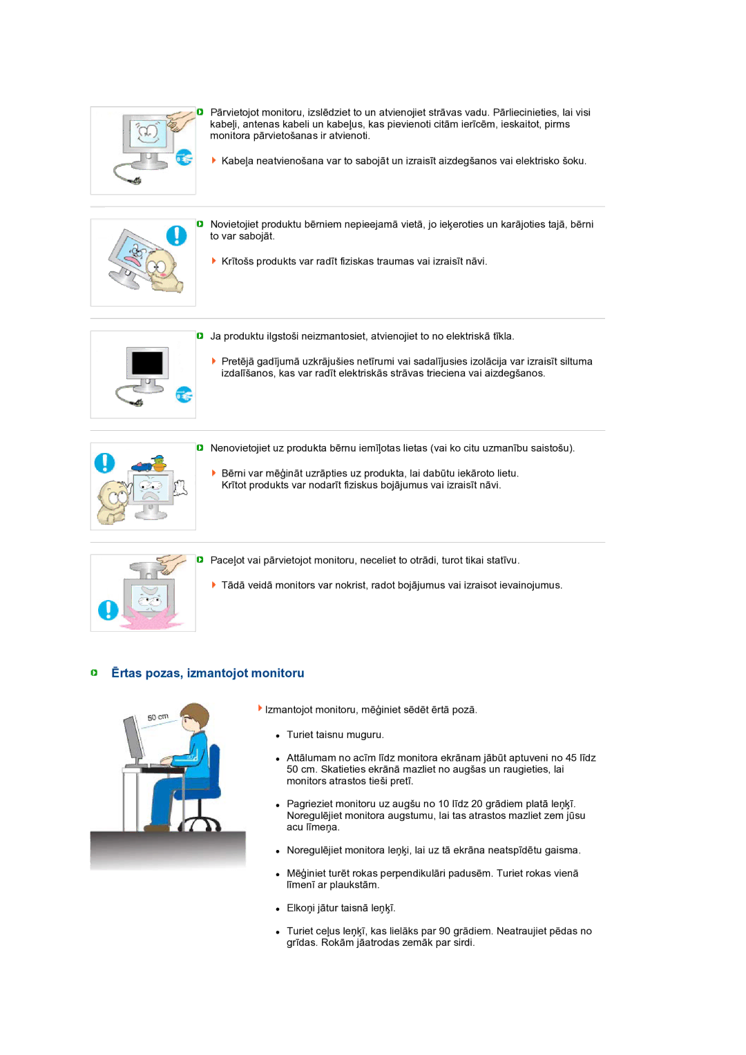 Samsung LS24HUBCBQ/EDC manual Ērtas pozas, izmantojot monitoru 