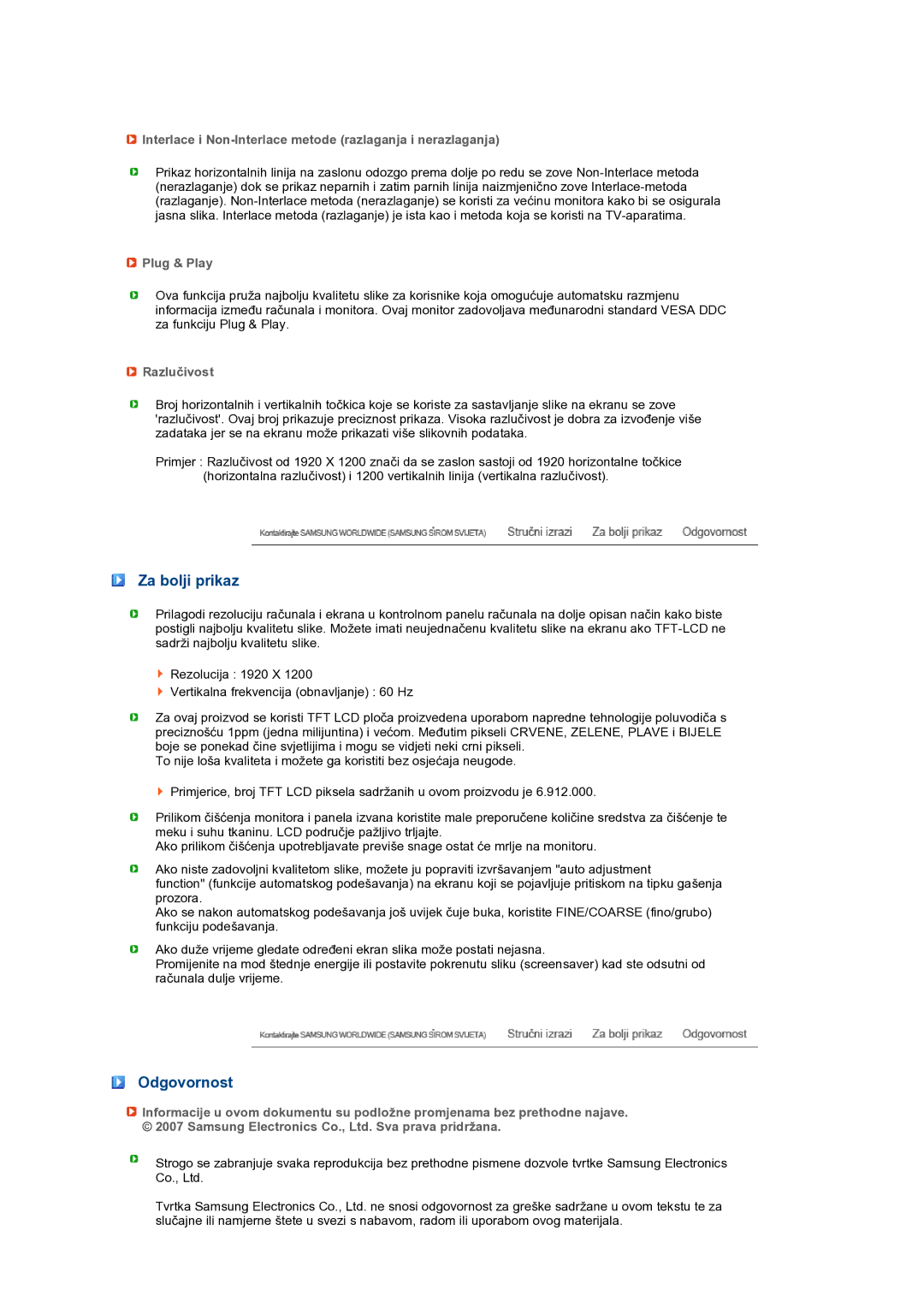 Samsung LS24HUBCBQ/EDC manual Za bolji prikaz, Odgovornost, Interlace i Non-Interlace metode razlaganja i nerazlaganja 