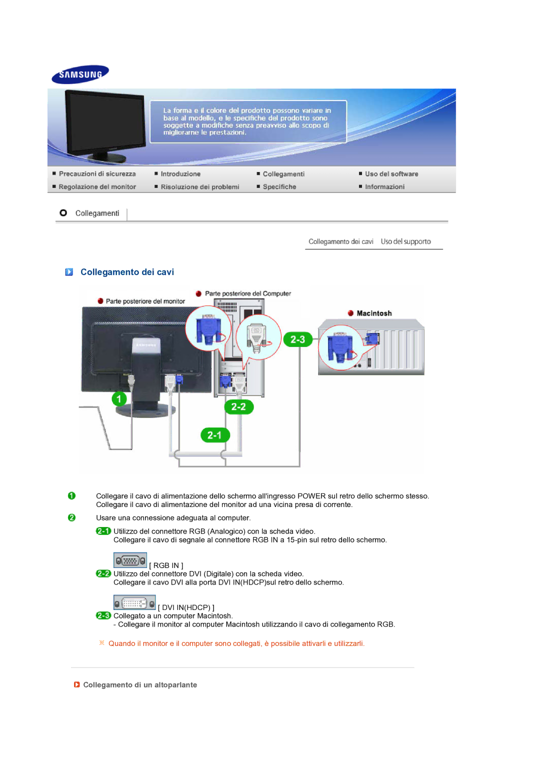 Samsung LS24HUBCBQ/EDC, LS24HUBCBS/EDC manual Collegamento dei cavi, Collegamento di un altoparlante 