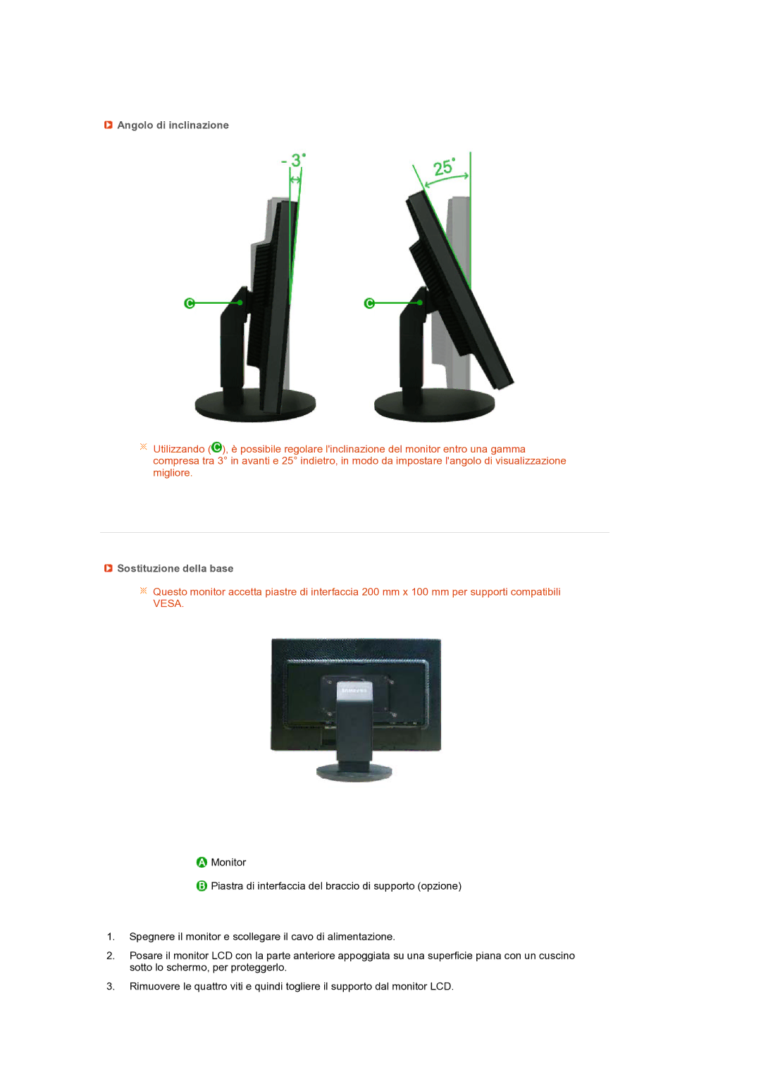 Samsung LS24HUBCBS/EDC, LS24HUBCBQ/EDC manual Angolo di inclinazione, Sostituzione della base 