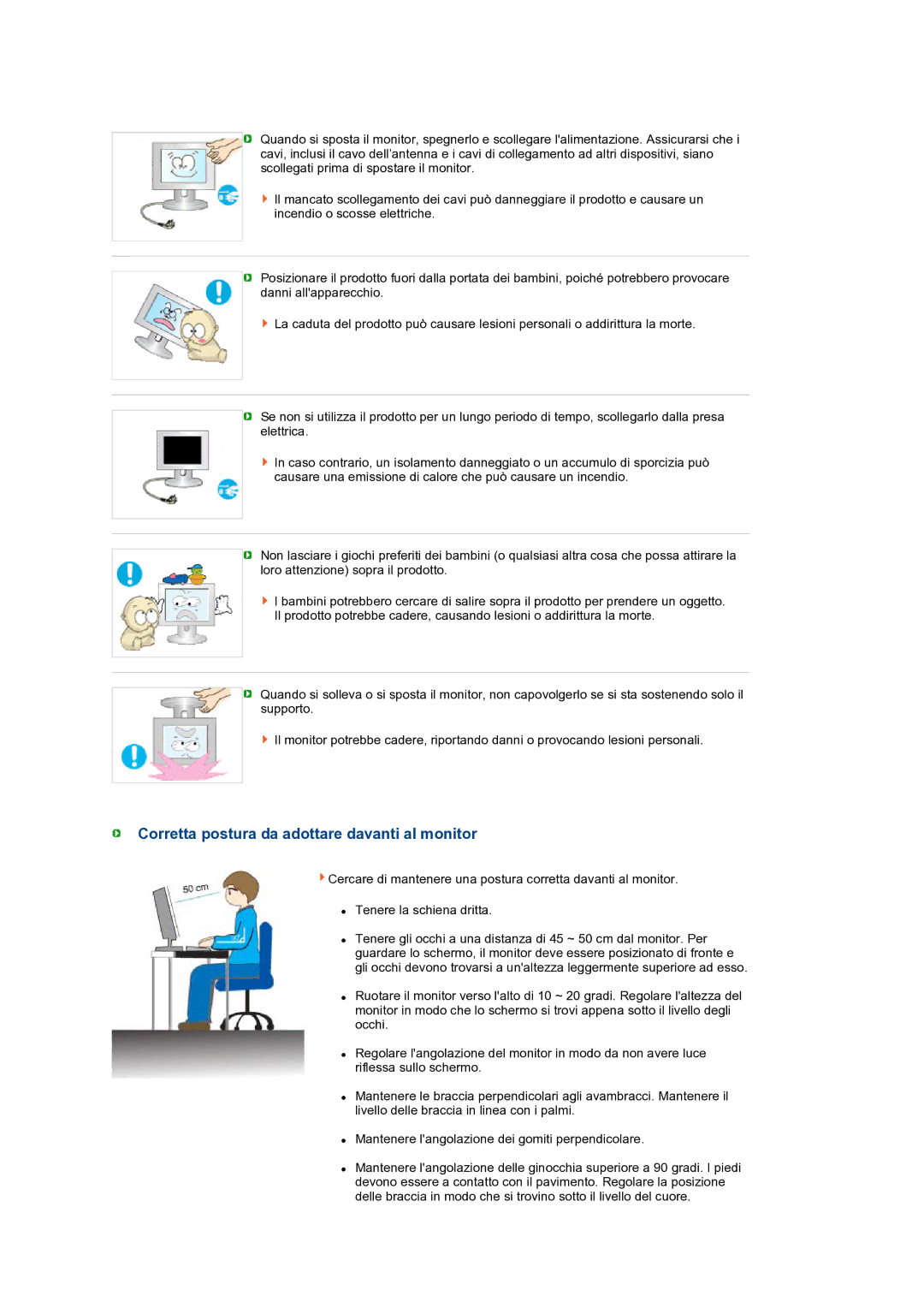 Samsung LS24HUBCBQ/EDC, LS24HUBCBS/EDC manual Corretta postura da adottare davanti al monitor 