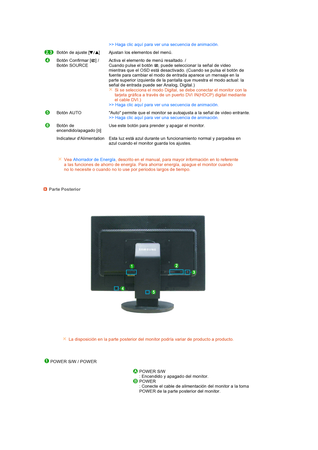 Samsung LS24HUBCBQ/EDC, LS24HUBCBS/EDC manual Parte Posterior, Power S/W / Power 