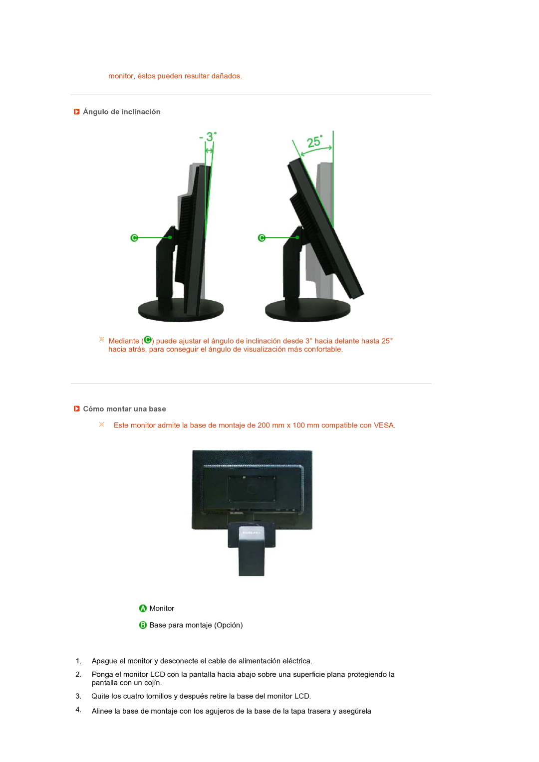 Samsung LS24HUBCBS/EDC, LS24HUBCBQ/EDC manual Ángulo de inclinación, Cómo montar una base 